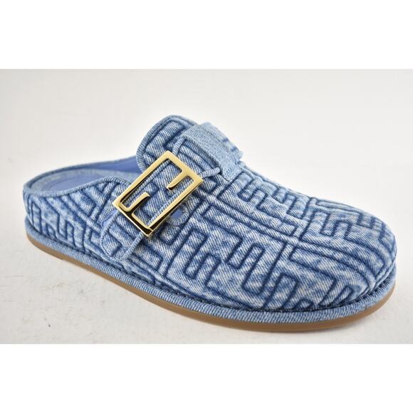 Fendi Feel Cotton Blue Denim FF Logo Gold Slip On Slide Clogs Mules Flats 40 - Picture 4 of 16